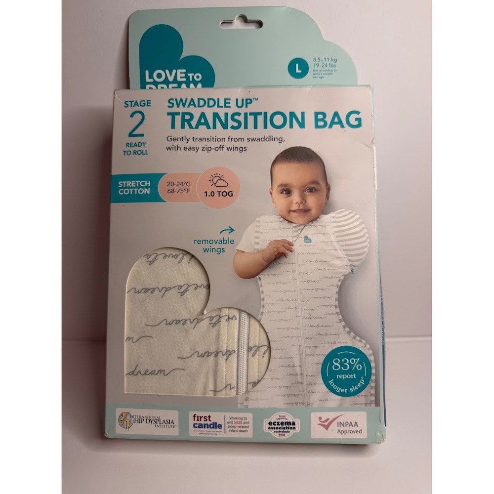 Love To Dream Swaddle UP Transition Bag Stage 2 Size L 1.0 TOG White Script